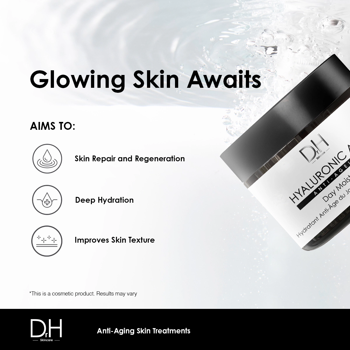 Dr H Hyaluronic Acid Anti-Ageing Day Moisturiser 60ml - Hydrates, Smooths Fine Lines & Targets Wrinkles