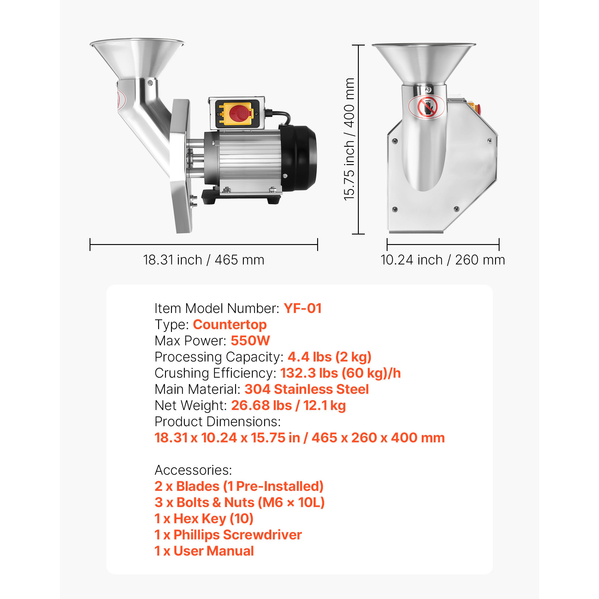 HONGGE Electric Fruit Apple Crusher, SUS304 Crushing Machine, Grinds Whole Apples, Cider Press for Apples, Pears