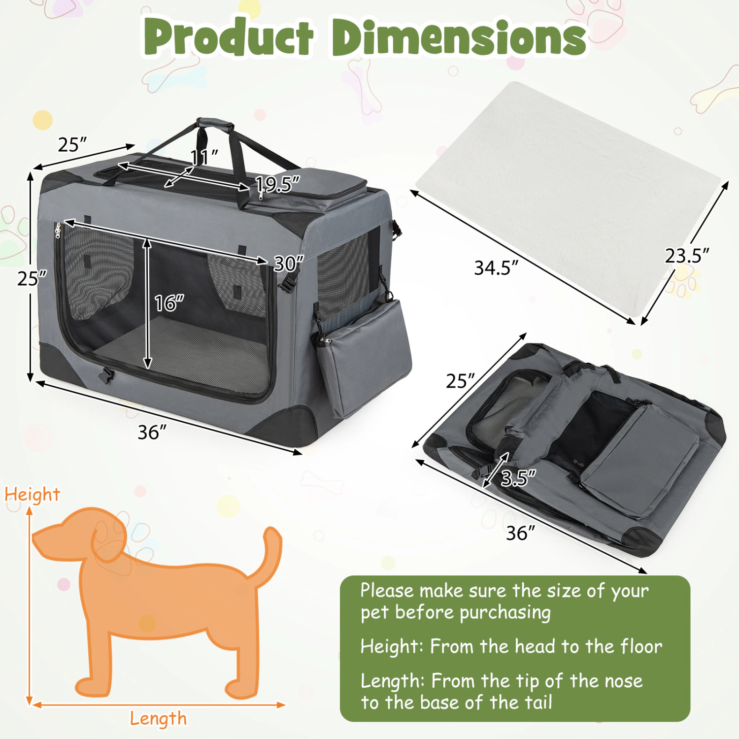 SUGIFT Collapsible Soft Dog Travel Crate with Mesh Windows 36-in Long 70-lb Capacity 3 Doors Gray with Fleece Bed