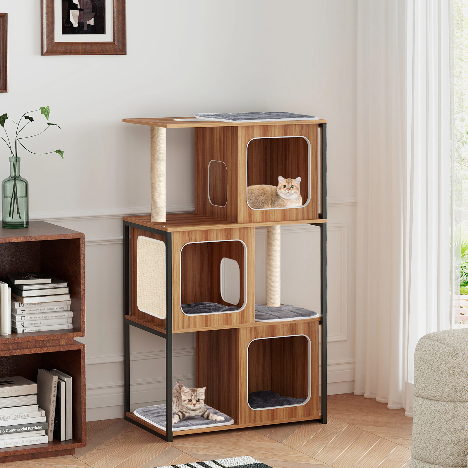 SUGIFT 52-in Cat Tree with 3 Condos Metal Frame Oversized Perches Sisal Posts and 12-in Entry for Big Cats