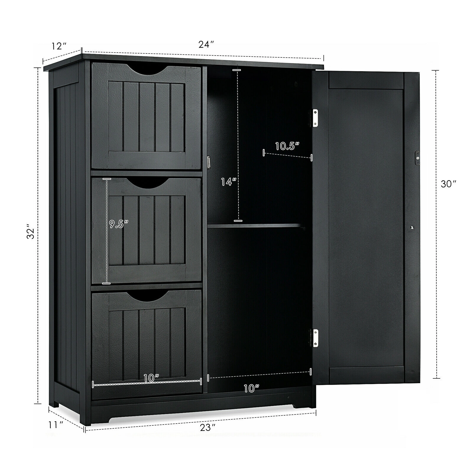Glintex Bathroom Side Cabinet with 3 Cutout Drawers and Adjustable Cupboard Shelf
