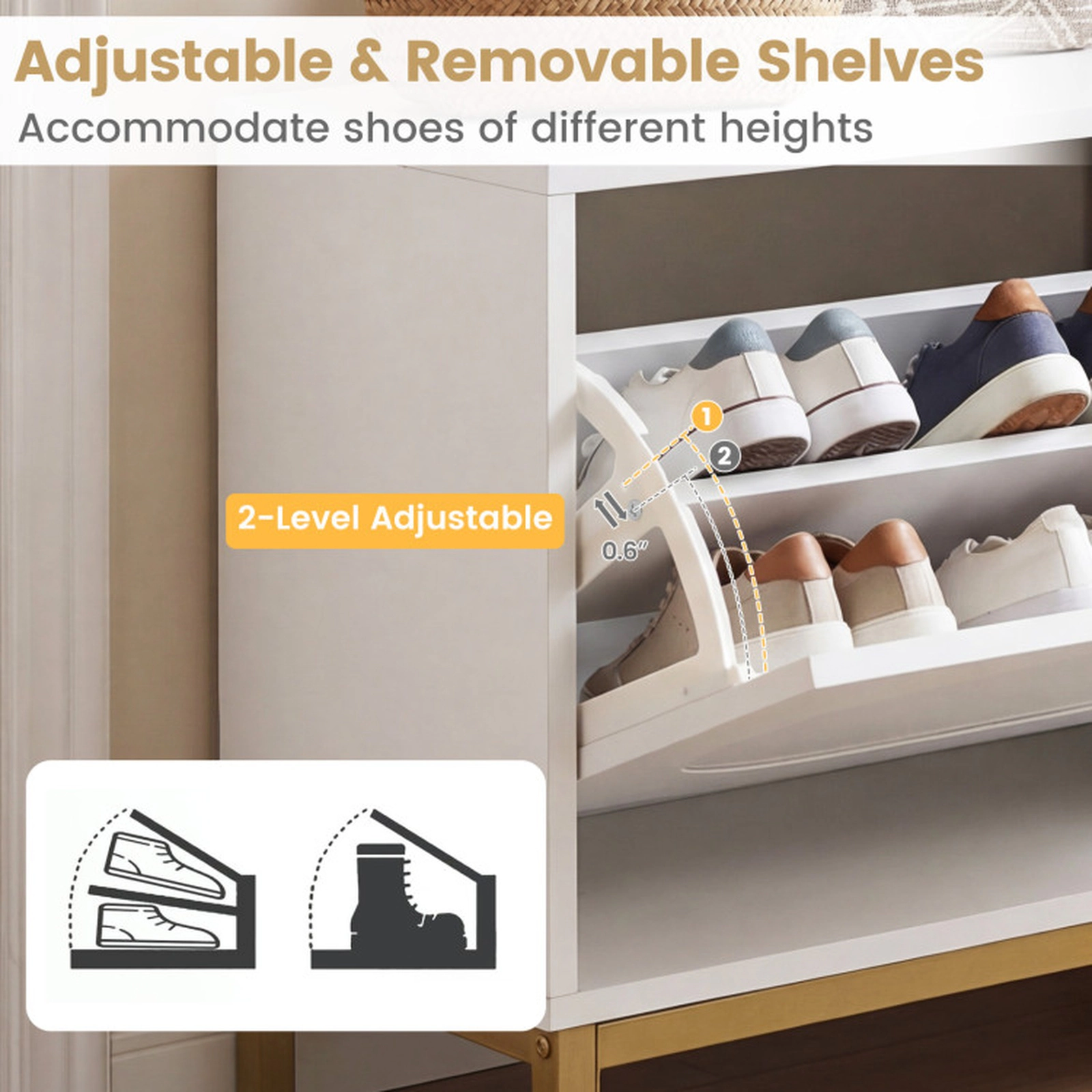 SUGIFT Shoe Storage Bench Narrow Entryway Bench 2 Flip Drawers Adjustable Shelves 150-lb Top Capacity White & Golden