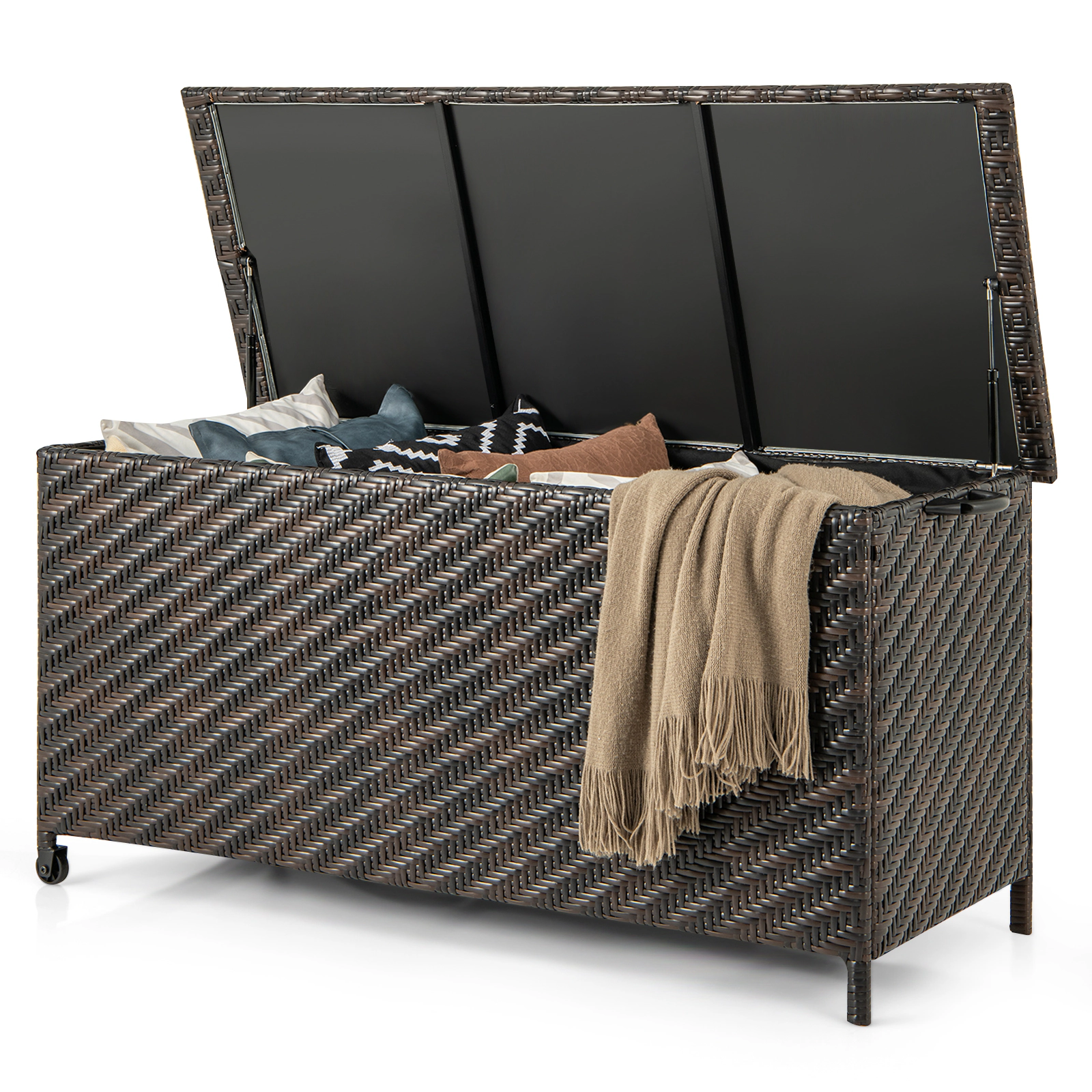 SUGIFT 85 Gallon PE Rattan Outdoor Storage Box with Removable Liner Universal Wheels 66-lb Top Capacity Brown/Black