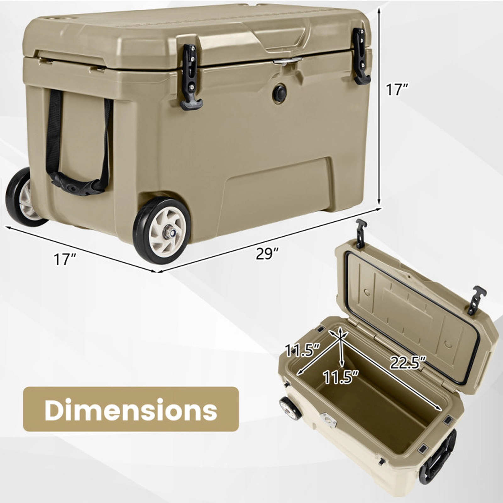 SUGIFT 52-qt Khaki Portable Hard Cooler Ice Chest with Wheels 6-Day Ice Retention and Built-In Ruler