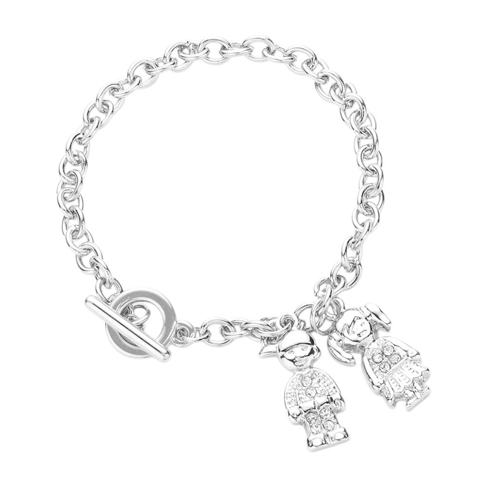 FASHNZFAB Couple Charm Toggle Bracelet   0.5" X 1", 0.4" X 1", 8" L - Rhodium