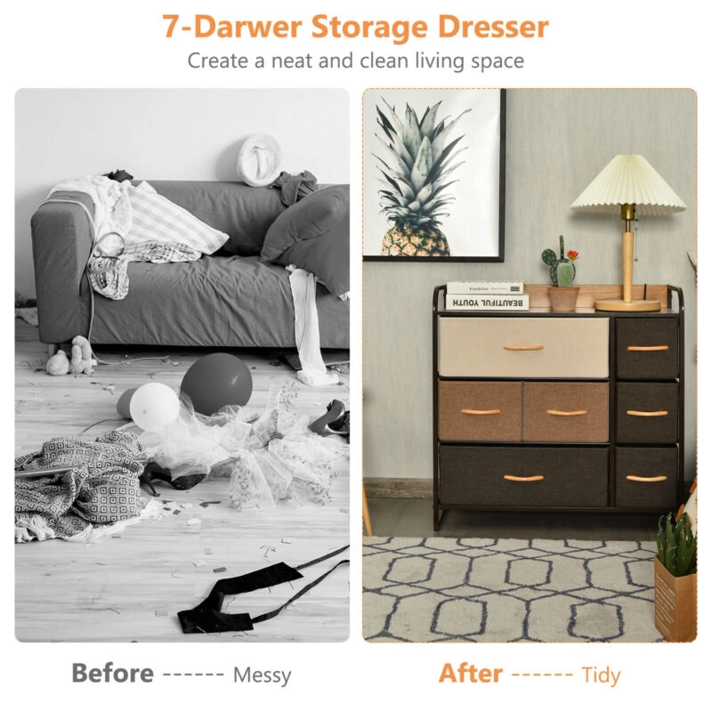Glintex 7-Drawer Fabric Dresser with Steel Frame and Wood Top, Cream