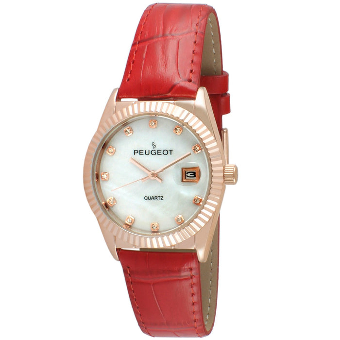 Peugeot Women 36mm Red Fluted Bezel Watch with Leather Strap - Mother of Pearl Dial