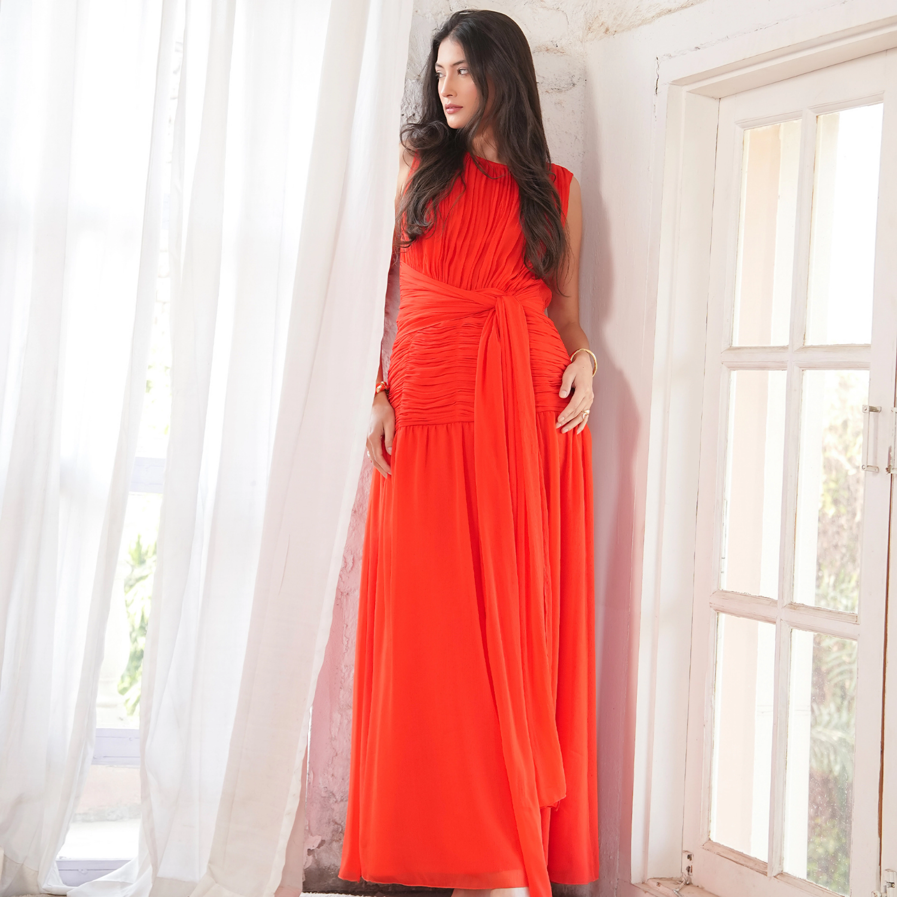 Rose & Nancy Women's Amy Red Drape Tie Waist Maxi Dress