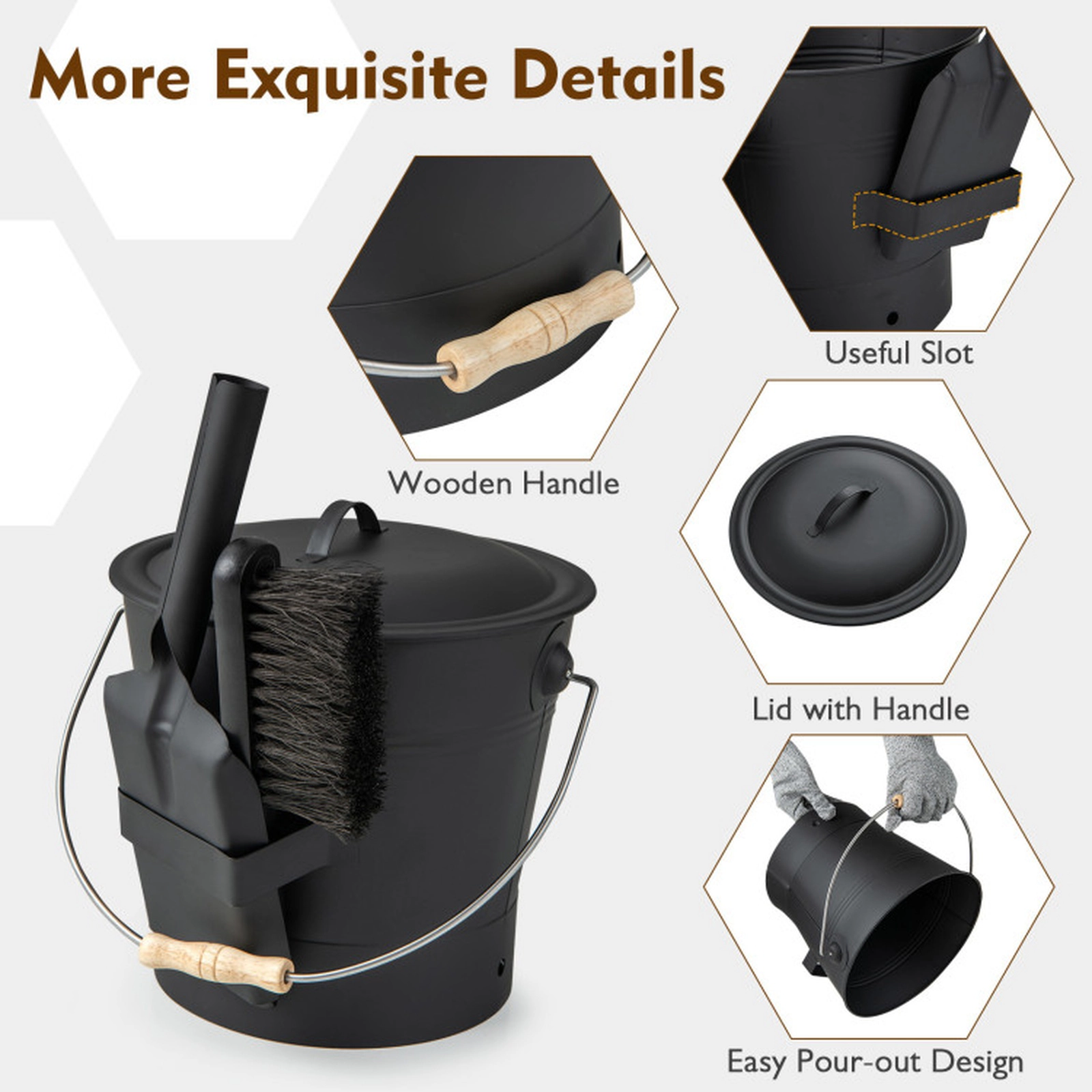 SUGIFT 11-Inch Metal Ash Bucket with Lid, Shovel, Brush and Level 5 Cut-Resistant Gloves