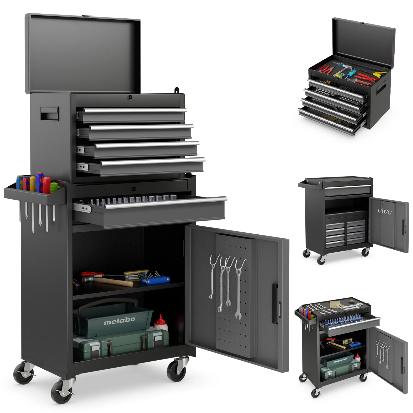 SUGIFT 2-in-1 Rolling Steel Tool Chest with 5 Sliding Lockable Drawers 220.5-lb Total Capacity Black & Gray