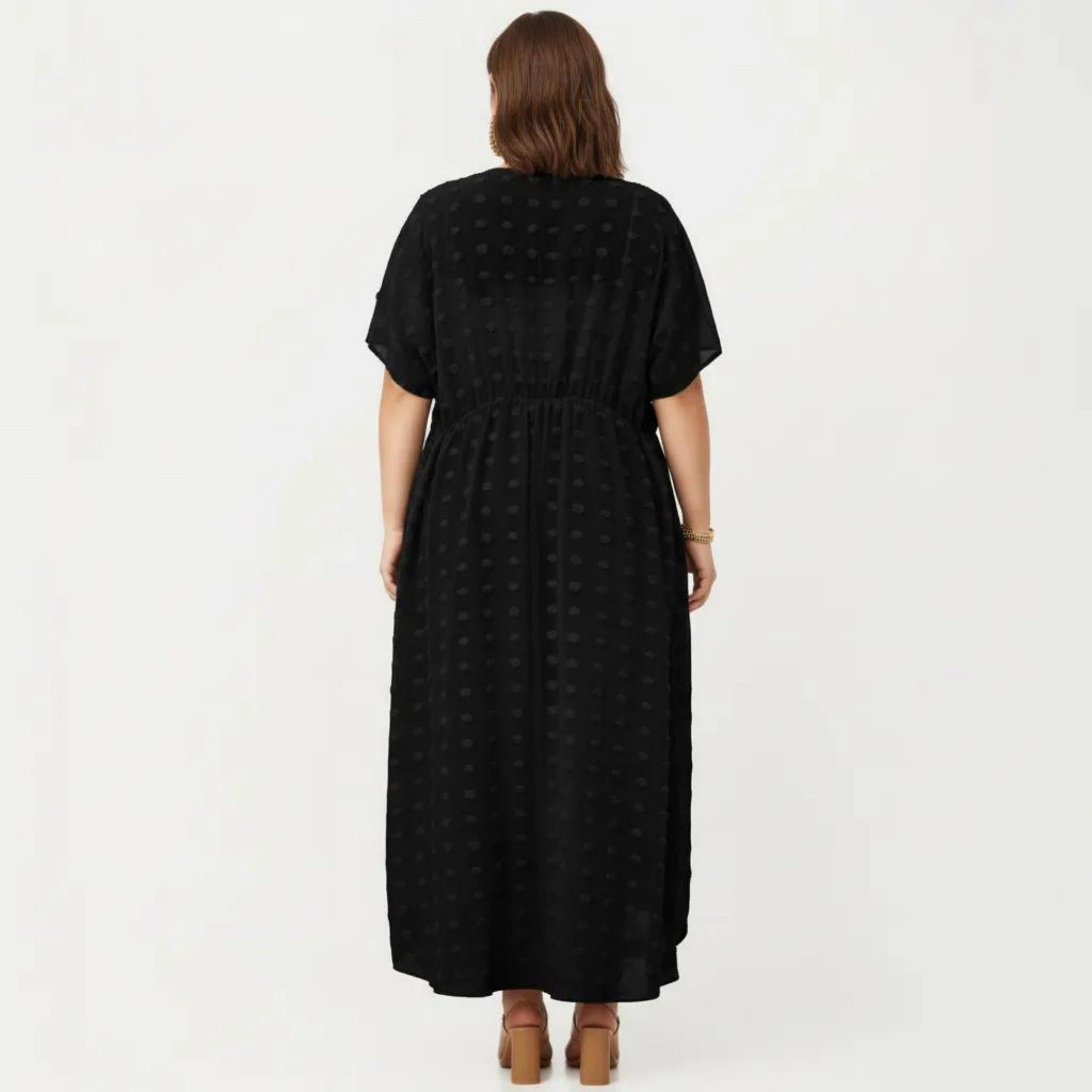 Anna-Kaci Women's V Neck Drawstring Waist Swiss Dot High Low Hem Beach Layer Sheer Midi Cover Up Dress