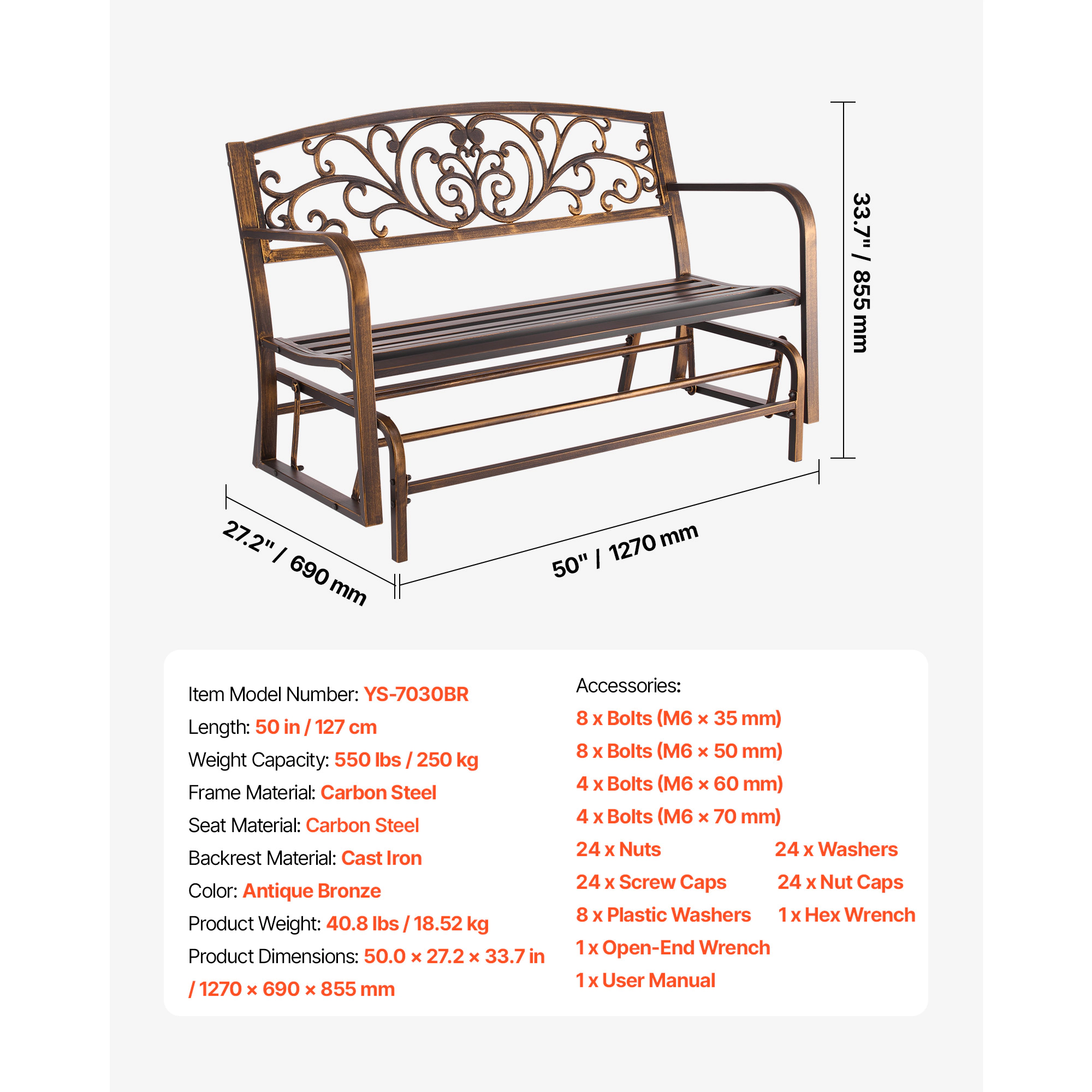 HONGGE Weatherproof Outdoor Bench Frame for Patio, Garden, Park, Yard, or Front Porch