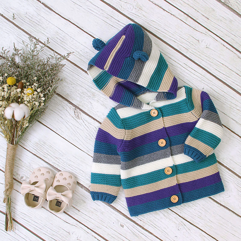 MyKids-USA Baby Colorful Striped Pattern Button Front Knitted Cardigan With Hat