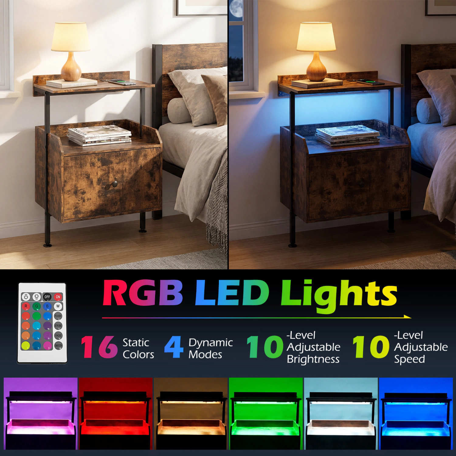 Hivvago Wall-mounted Nightstand with LED Lights and Charging Station for Bedroom