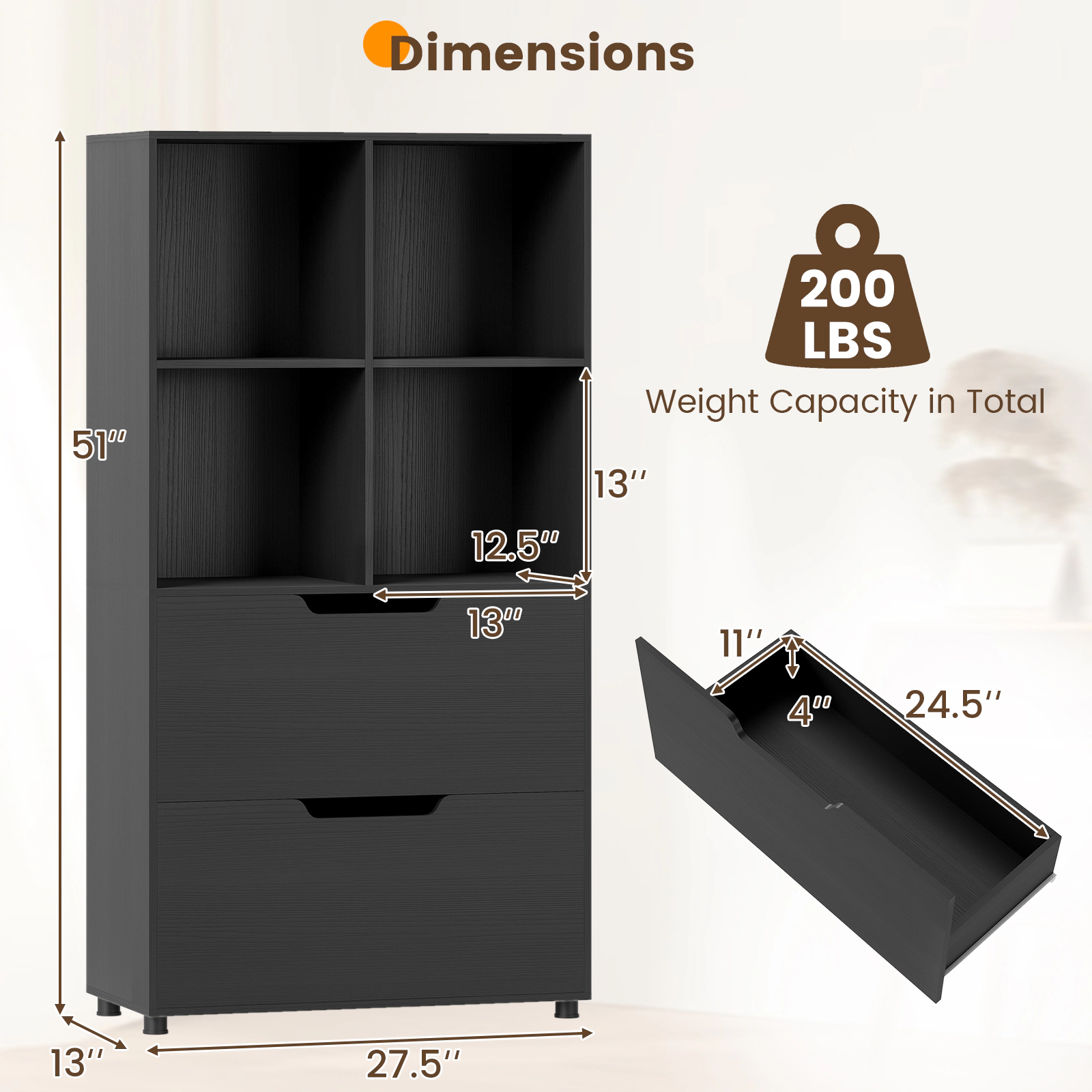 Costway 2 PCS 4-Cube Bookcase with Drawers, Tall Freestanding Bookshelf for Living Room Gray