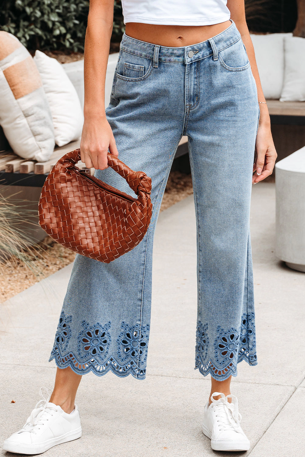Threaded Pear Women's Juliette Embroidered Cropped Wide Leg High Waist Jeans