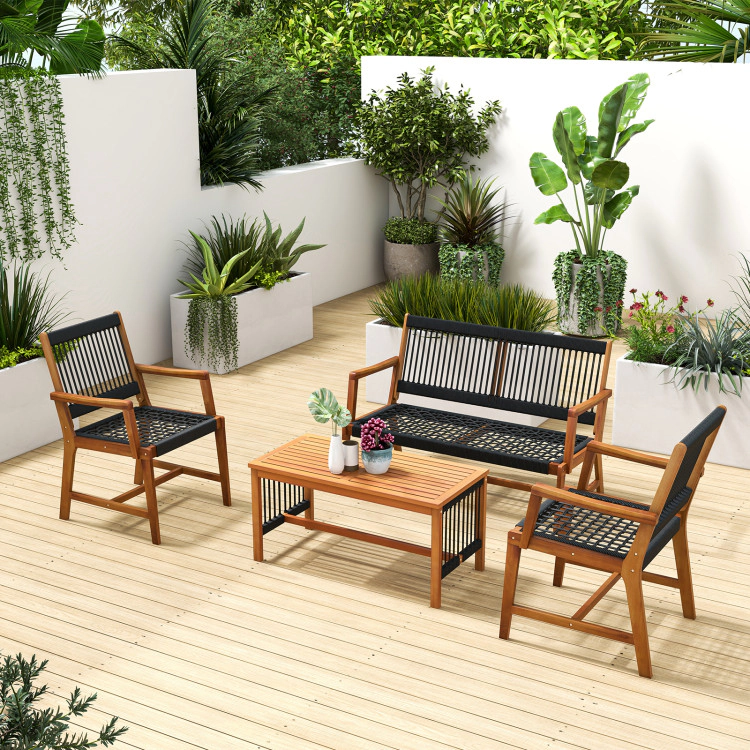 Hivvago 4 Pieces Acacia Wood Patio Conversation Table And Chair Set With Hand Woven Rope