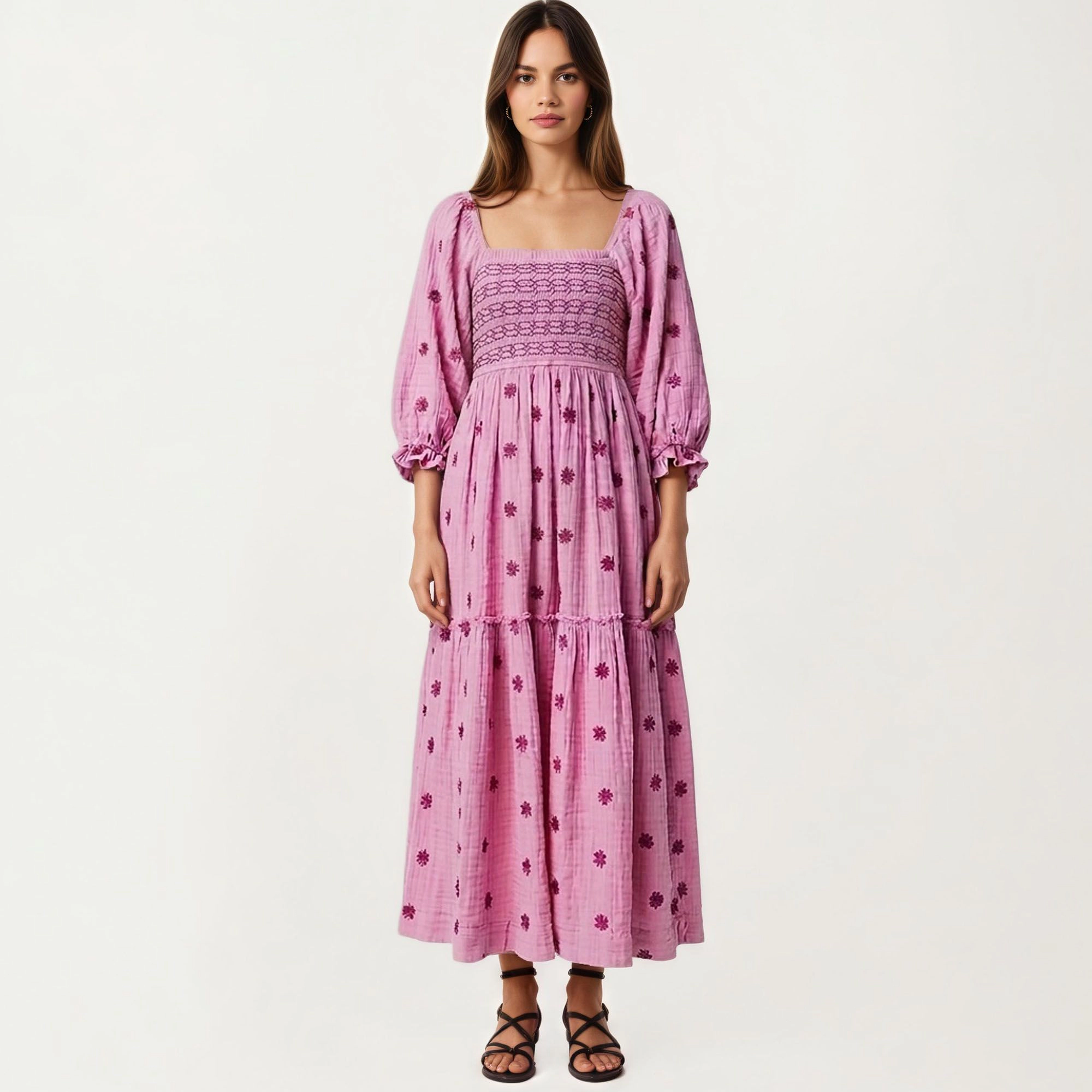Anna-Kaci Womens Smocked Square Neck Embroidered Maxi Dress with Puff Sleeves