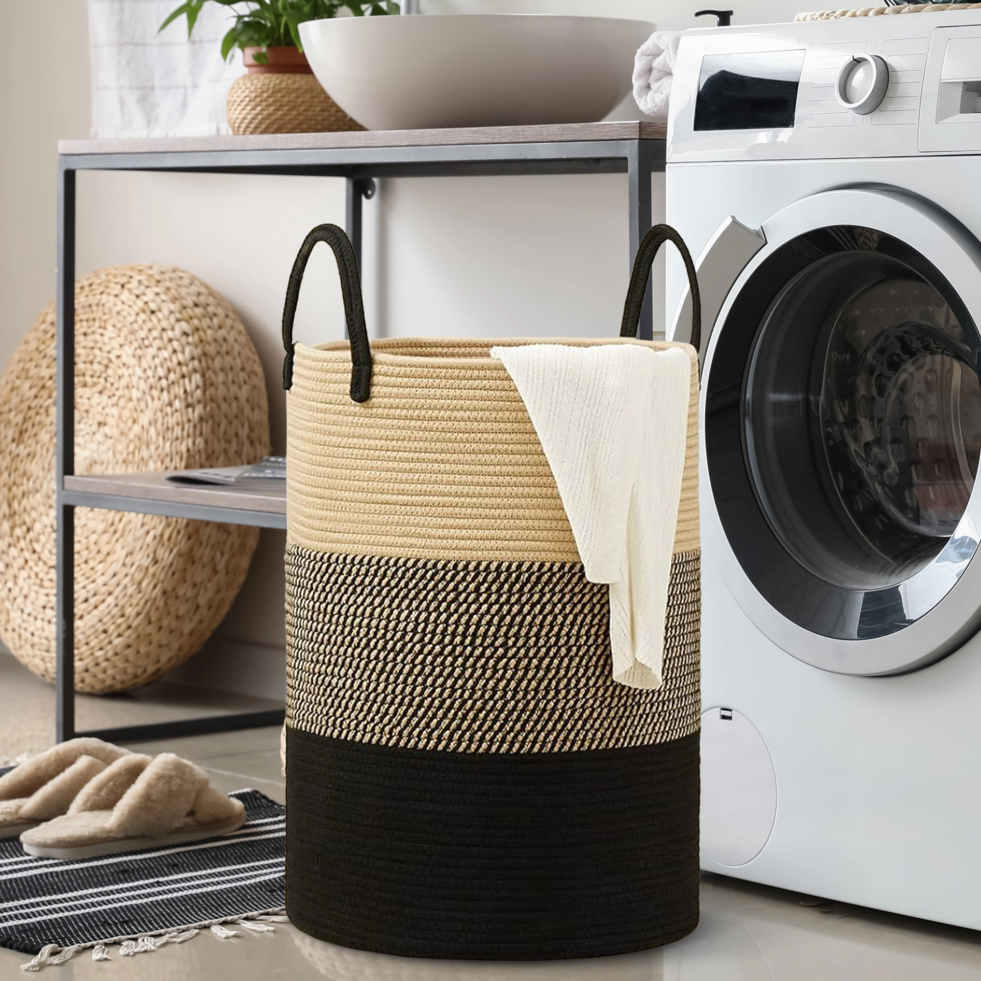 Cheer Collection Large Cotton Rope Laundry Hamper with Handles, 16 x 16 x 22 Inch