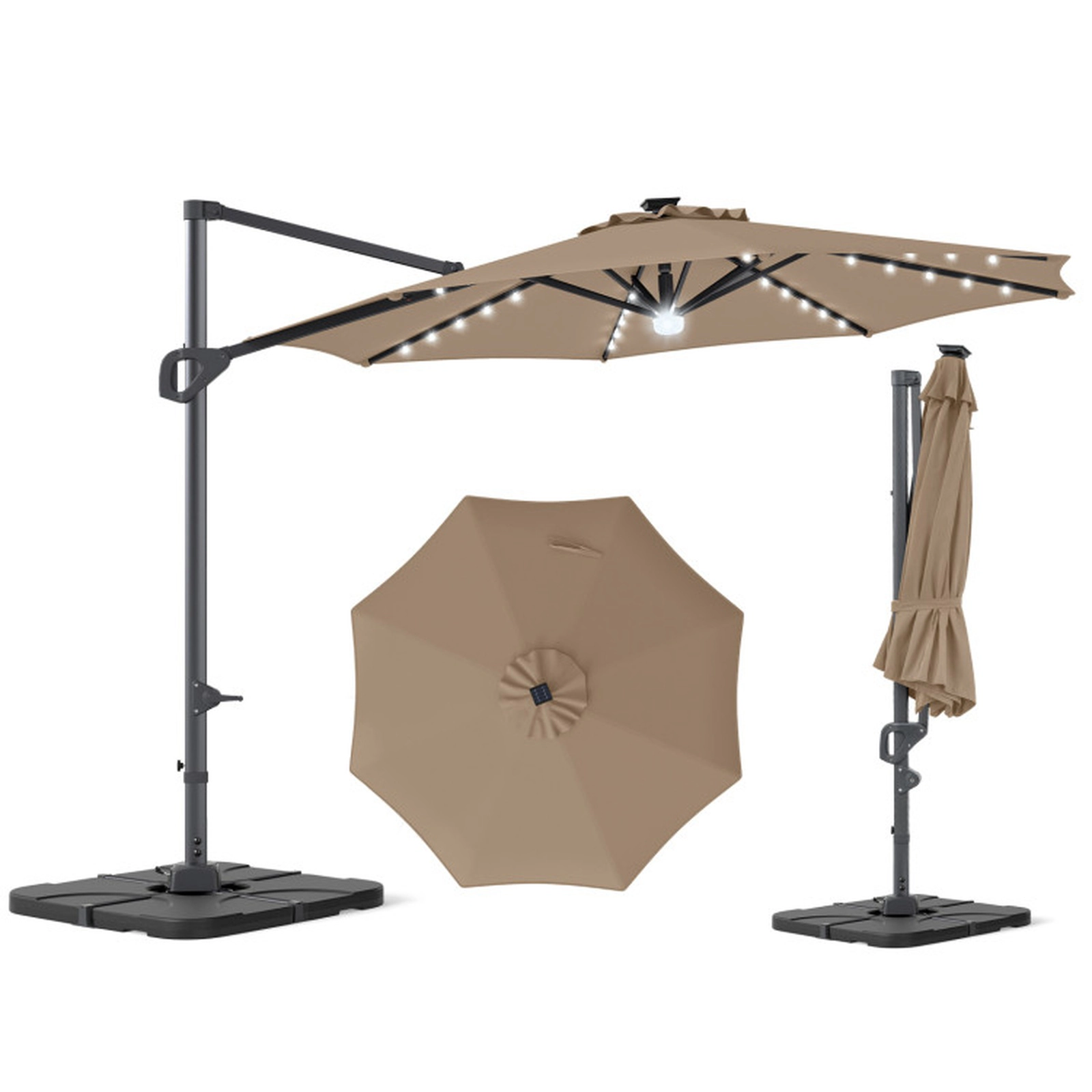 SUGIFT 10-ft Cantilever Patio Umbrella 35 Solar LED Lights & 220-lb Fillable Base Tan/Beige/Navy/Gray/Wine Canopy Black