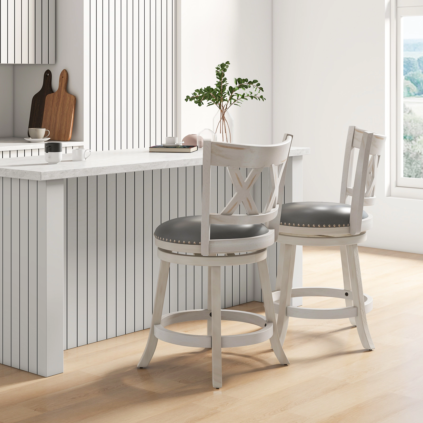 SUGIFT 25.5-In Swivel Hand-Antiqued Counter Stool Set of 2 300-Lb Capacity & Wider 20-In Padded Seat Antique White +