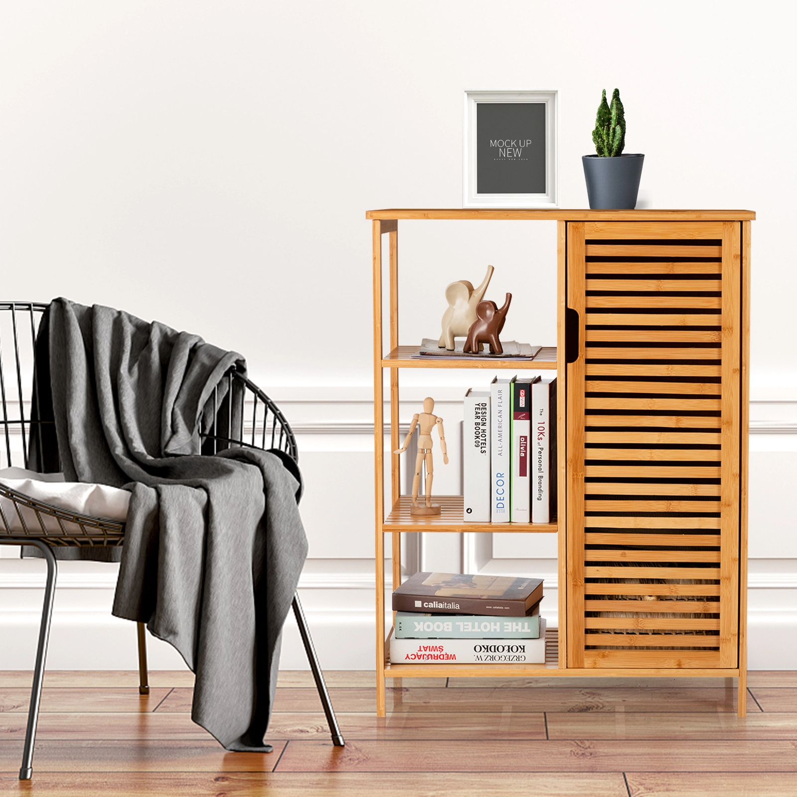 Slickblue Bathroom Floor Storage Cabinet Natural Wicker MDF Open Shelves Door Cabinet
