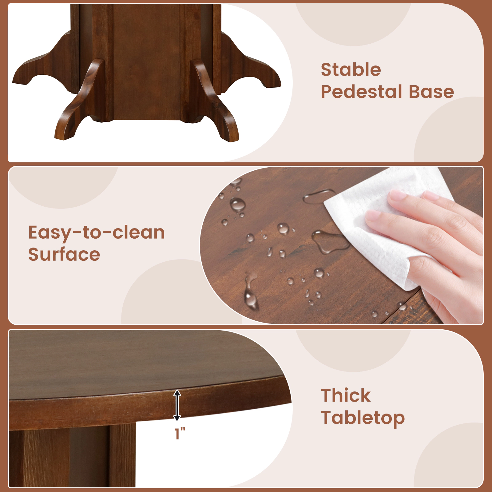SUGIFT 42-Inch Walnut Round Pedestal Dining Table, 1-Inch Waterproof Top, Seats 4 to 6