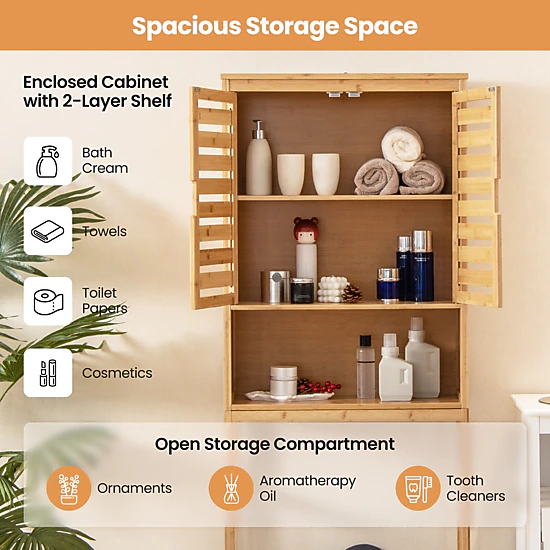 SUGIFT Natural Bamboo Over the Toilet Storage Cabinet with Adjustable Shelf 24.5-in W 9-in D 67-in H