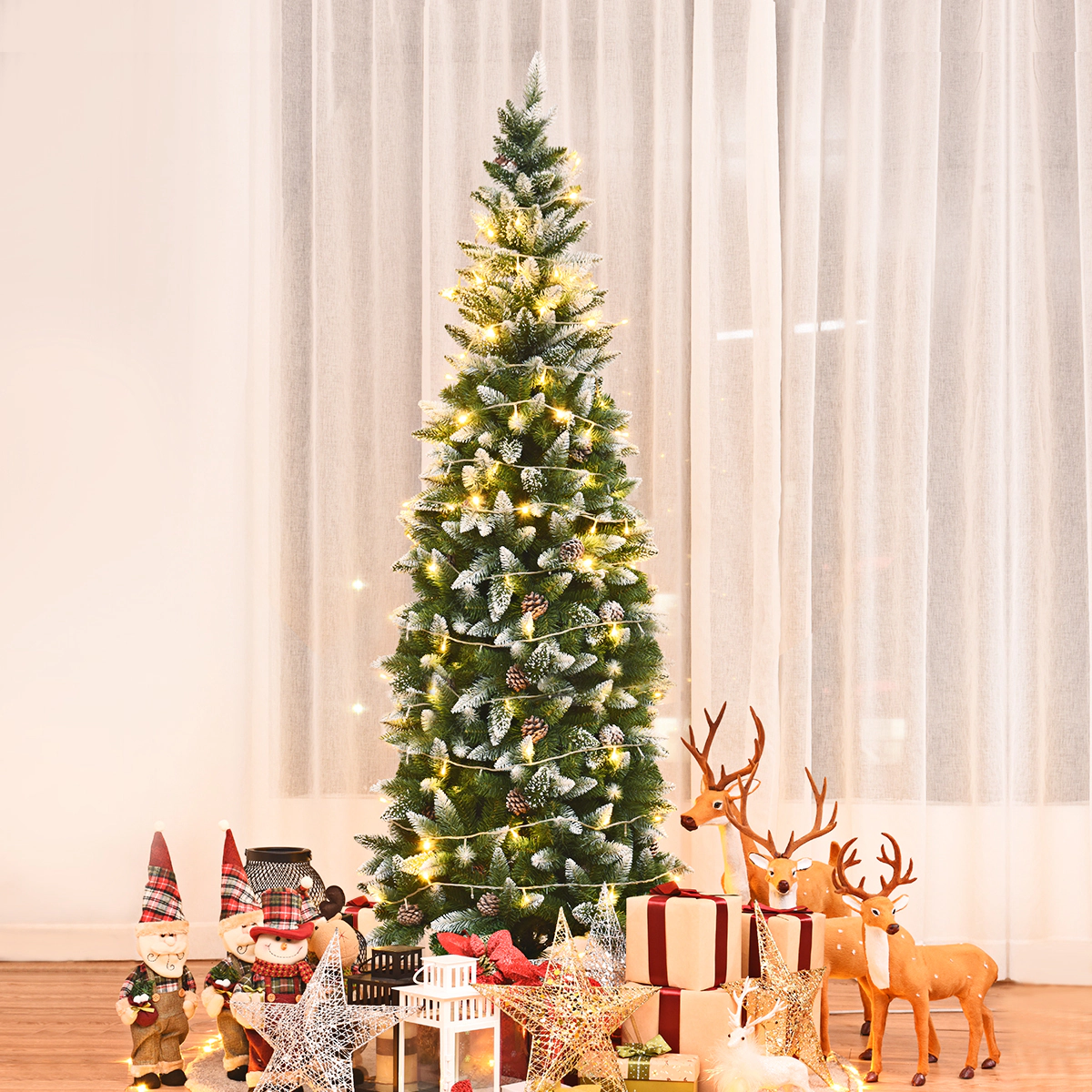 Costway 6ft Snow Flocked Unlit Pencil Christmas Tree Hinged Pine Cones