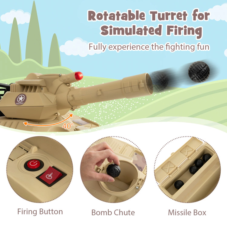 Hivvago 12V Electric Kids Ride On Tank with Rotatable Turret and 8 Missiles for Kids Aged 37-95 Months Old