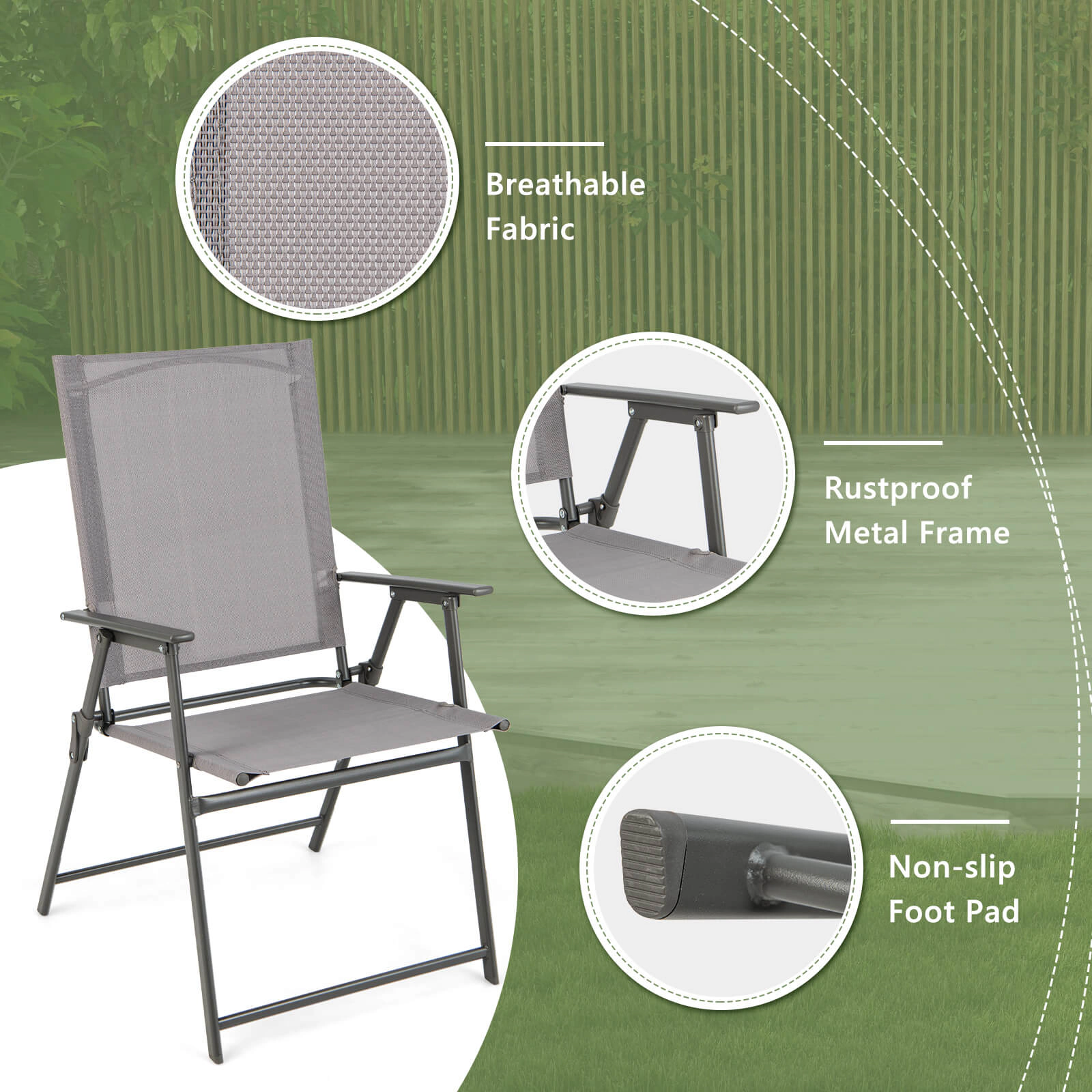 SUGIFT Set of 4 Gray Folding Patio Chairs, Metal Frame, Breathable Sling Seat