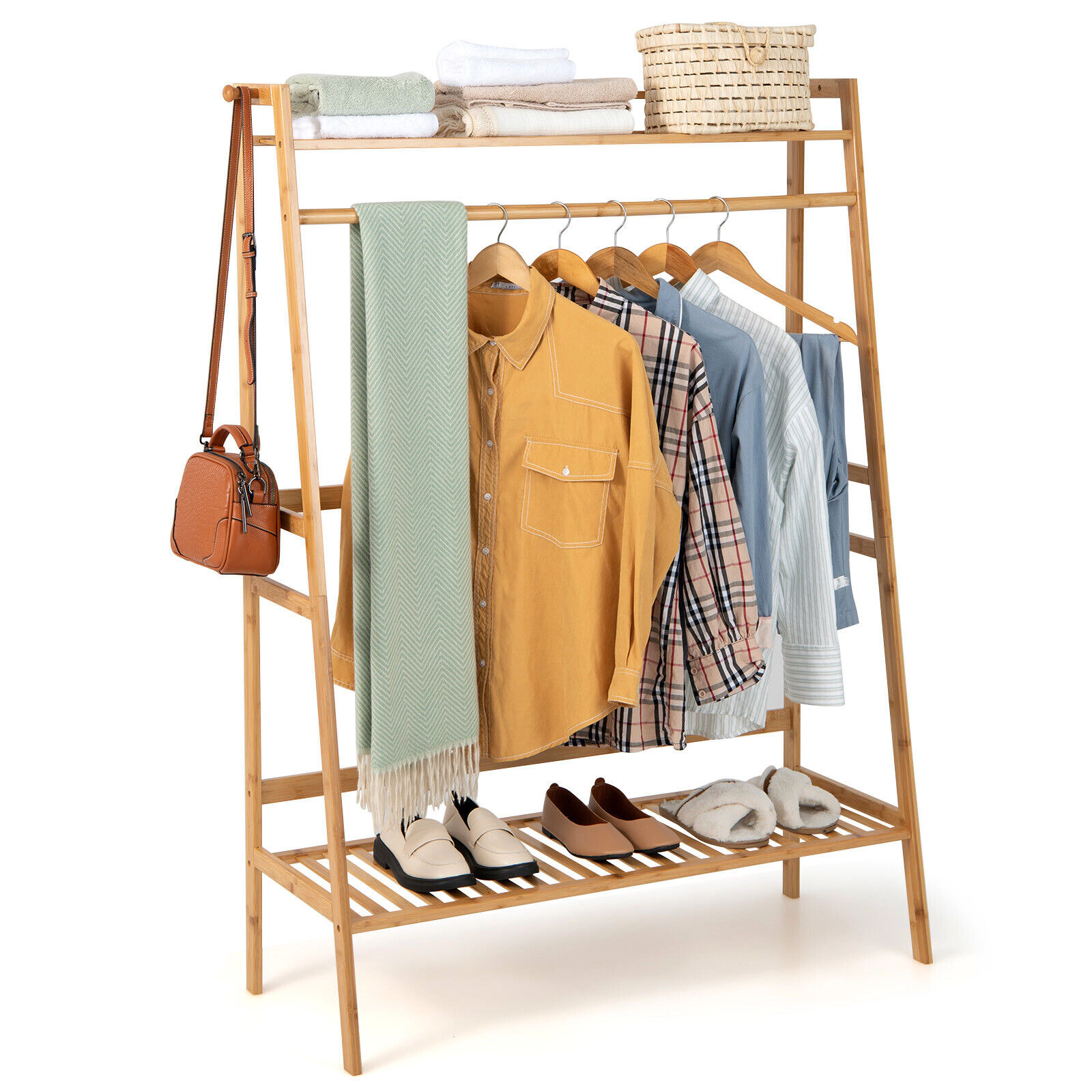 SUGIFT 55-in 66-lb Shelf Bamboo Clothing Rack and Garment Stand with 2-Tier Storage Shelves and Hanging Rod