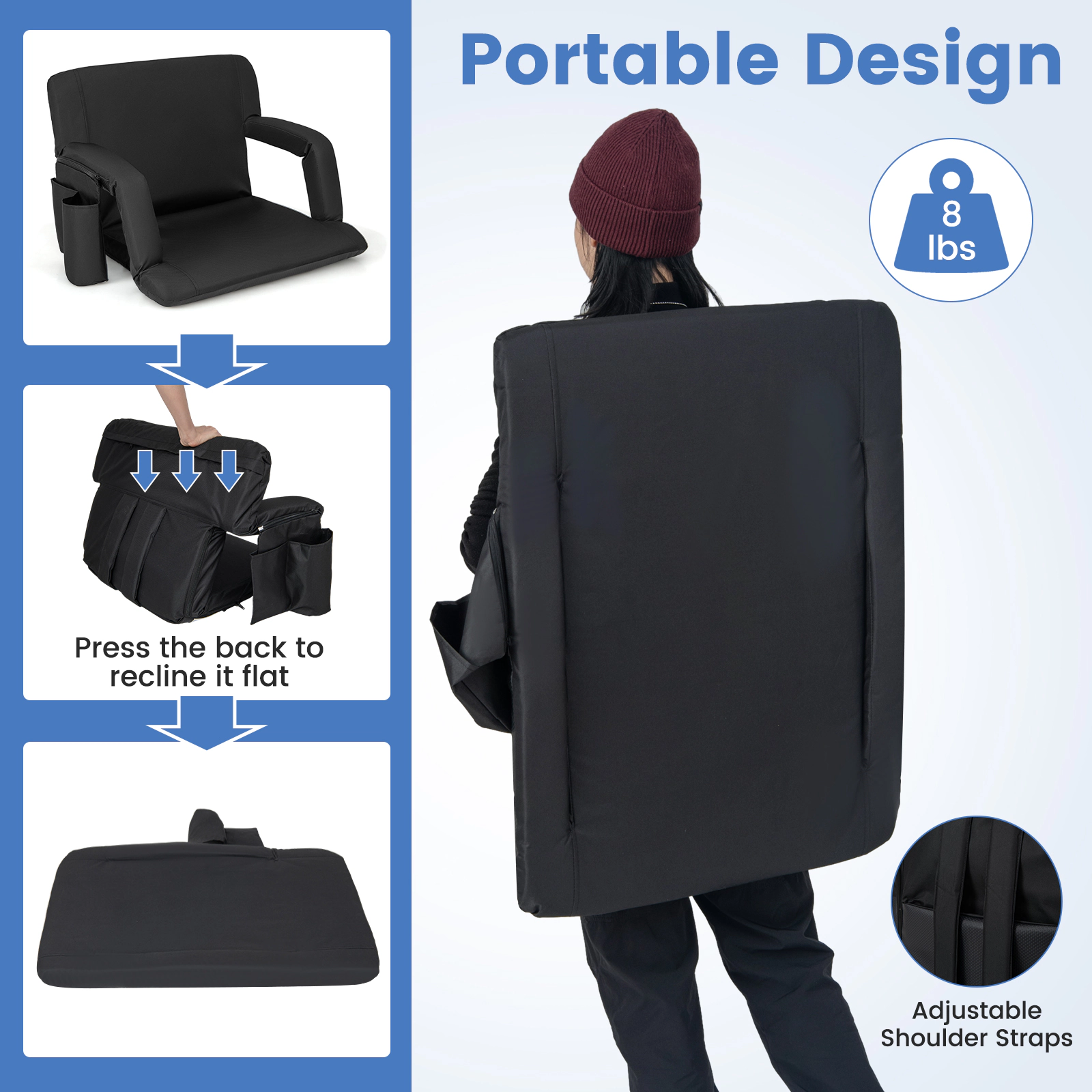 SUGIFT 6-Position Adjustable Backrest Stadium Seat Cushion Ottoman 330-lb Capacity 24.5-in Wide 8-lb Portable Black