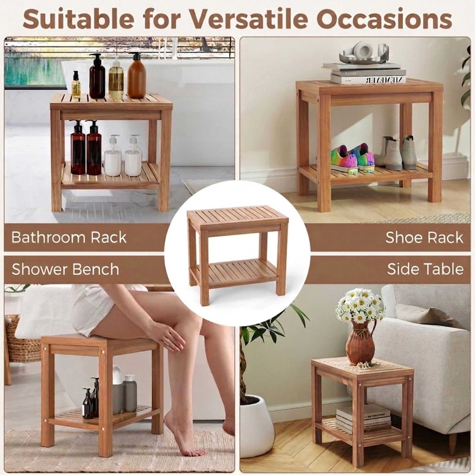 SUGIFT 2-Tier Compact Slatted Storage Shelf Teak Wood Shower Bench 19-in x 12.5-in 330-lb Capacity Natural