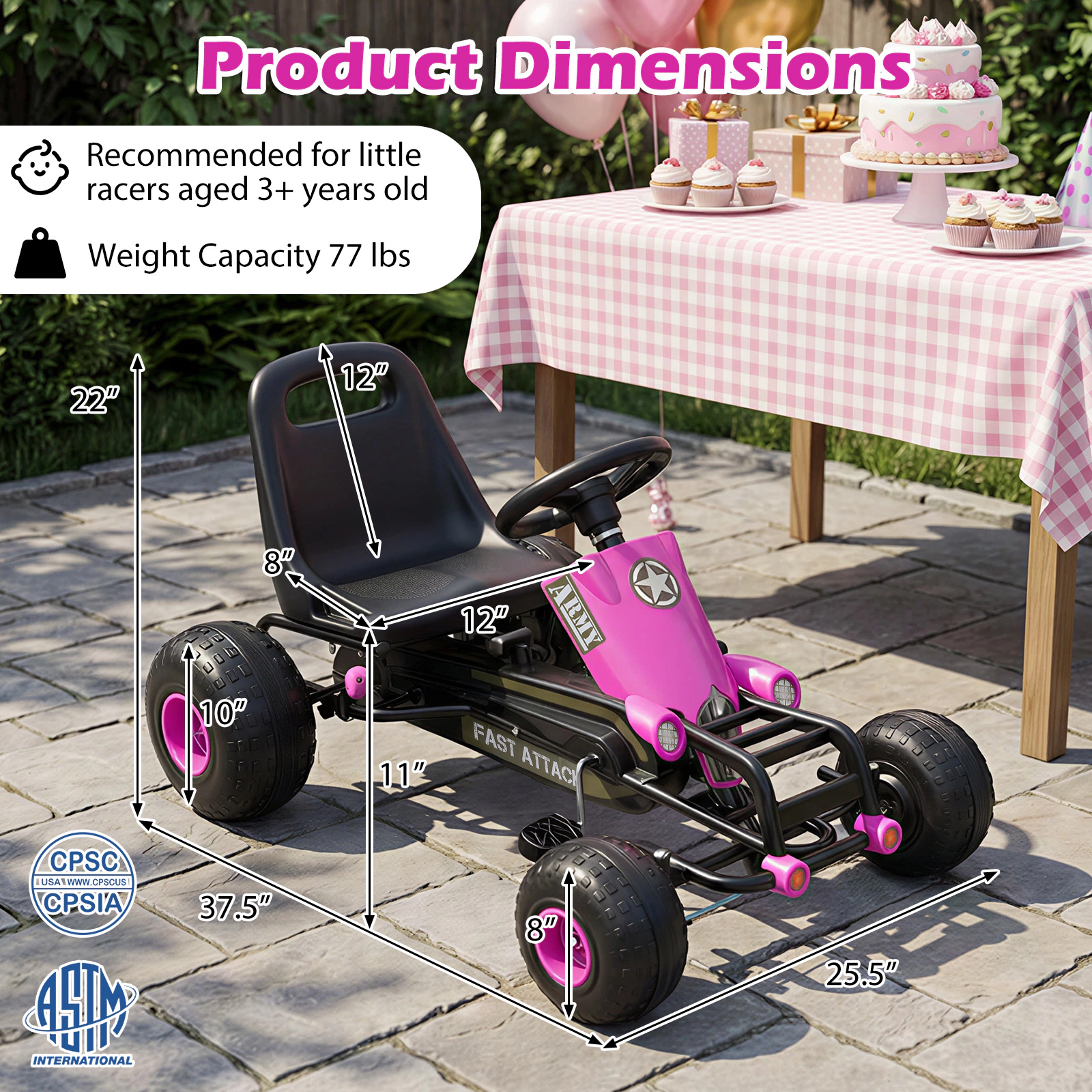 Kids Pedal Go Kart Gear Shifter Side Handbrake 25-Degree Steering Limit Riders 39-in to 61-in Tall Pink Ride On Toy