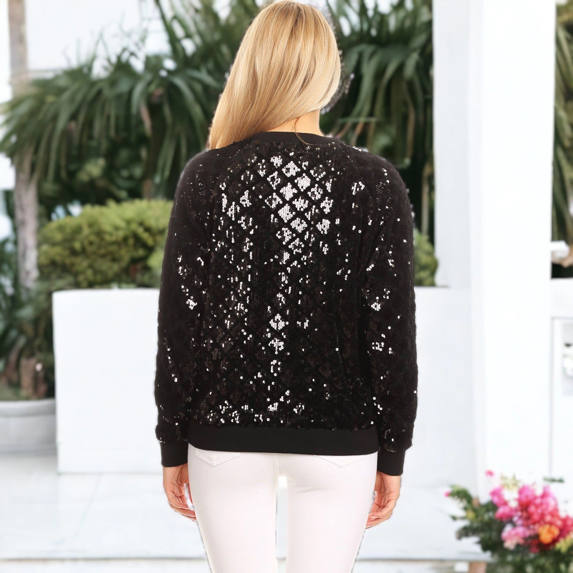 Anna-Kaci Women's Sequin Unique Pattern Bomber Zip-Up Jacket