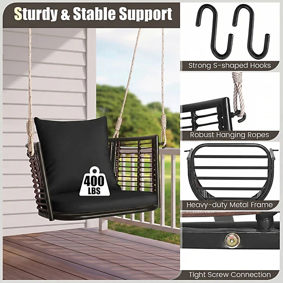 SUGIFT Black PE Rattan Porch Swing Chair with Zippered Cushions 30.5-in W 24.5-in D 15-in H 400-lb Seat Capacity