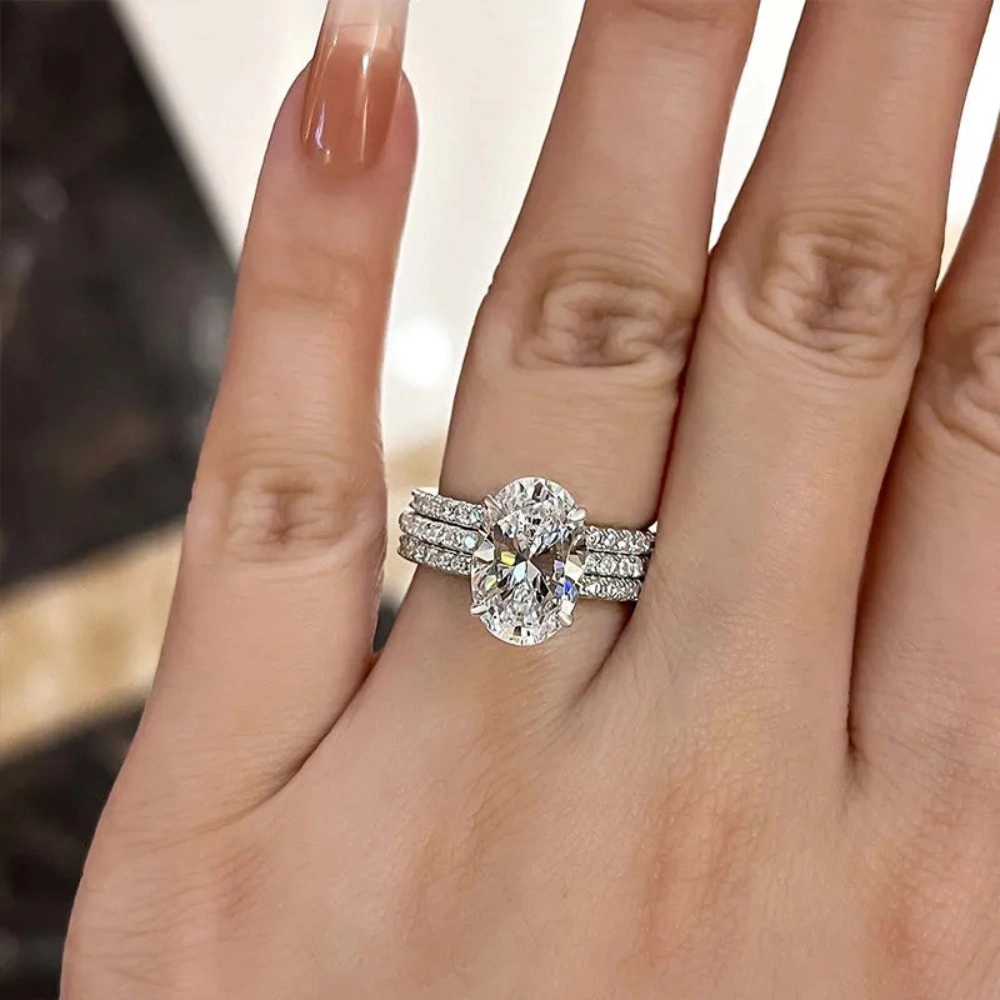 3 Piece Oval CZ with Micro Pave Bands Ring Set for Women
