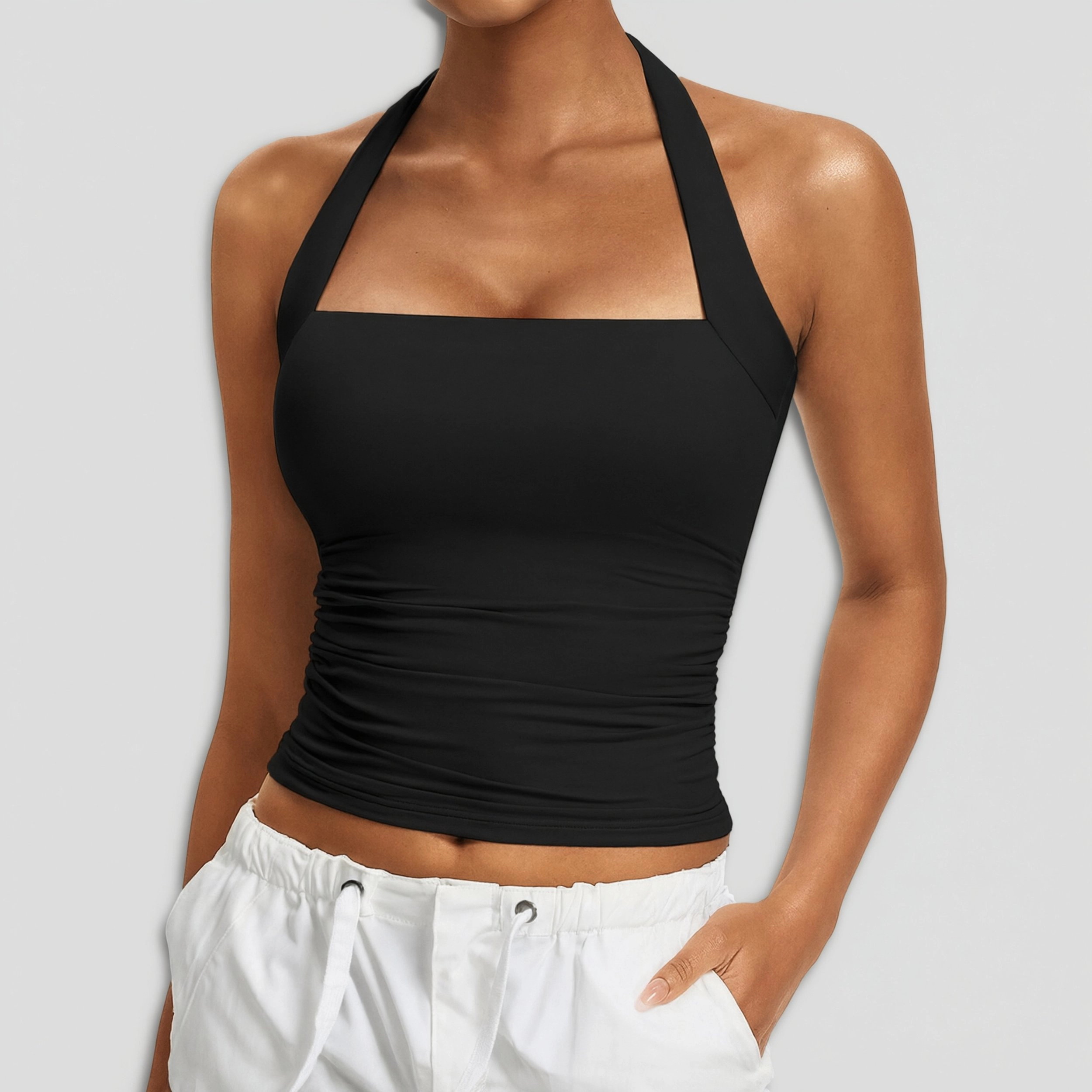 Avidlove Women's Square Neck Halter Ruched Waist Double Layer Tank Top