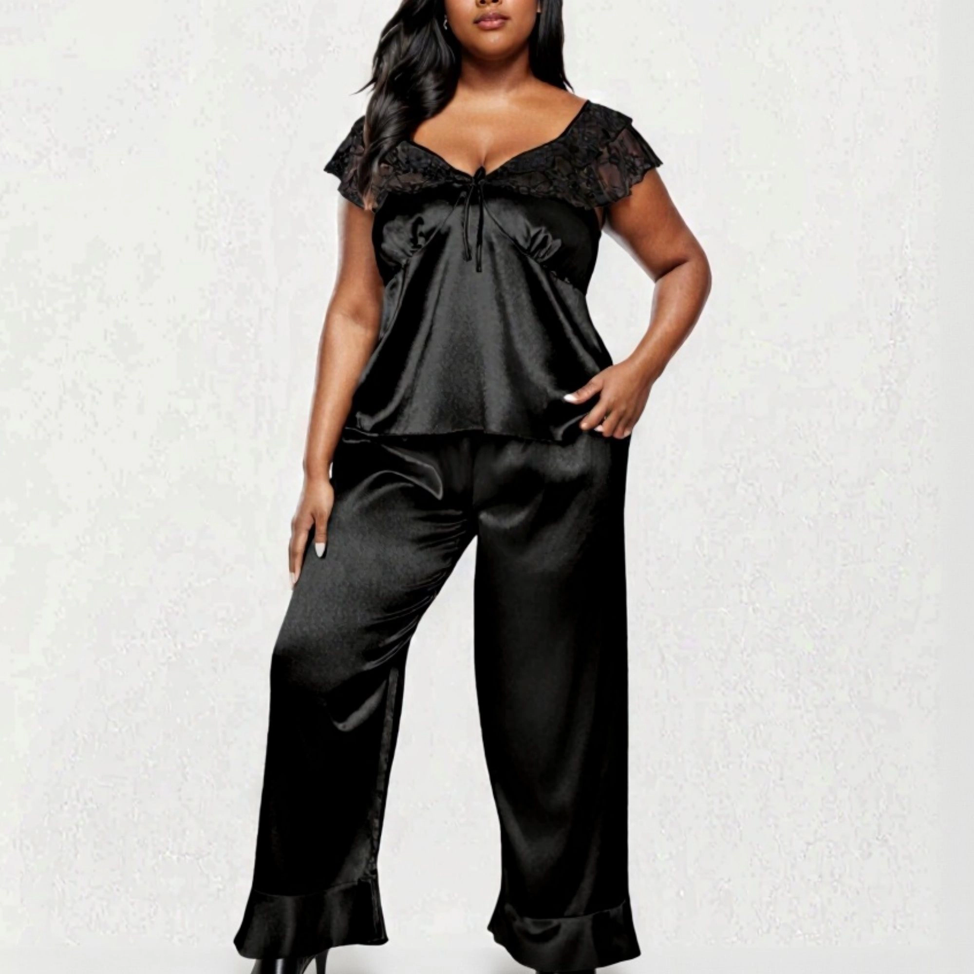 Anna-Kaci Women's Plus 2-Piece Satin Lace Trim Sleep Top and Wide Leg Pants with Soft Draping Silhouette