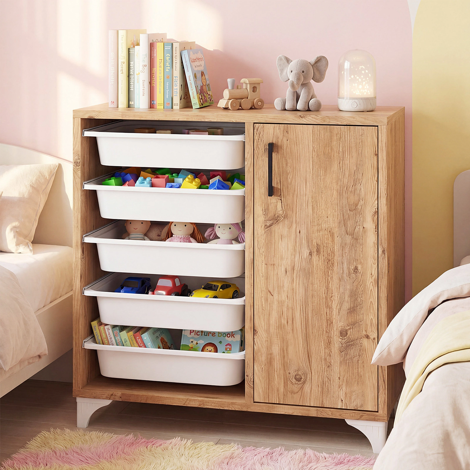 SUGIFT 5-Drawer Removable Bins Single Door Buffet Sideboard 30.5-in x 12-in x 30.5-in 40-lb Net Weight Natural