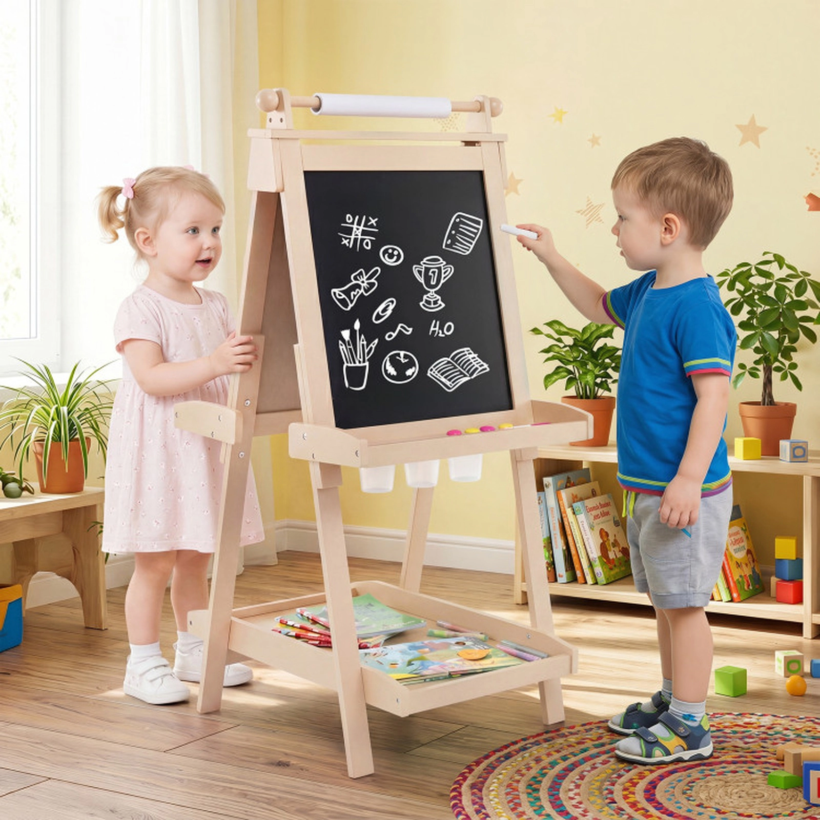SUGIFT 3-in-1 Double-sided Art Easel with Chalkboard and Magnetic Whiteboard 33-lb Tray Capacity Ages 3+ Natrual