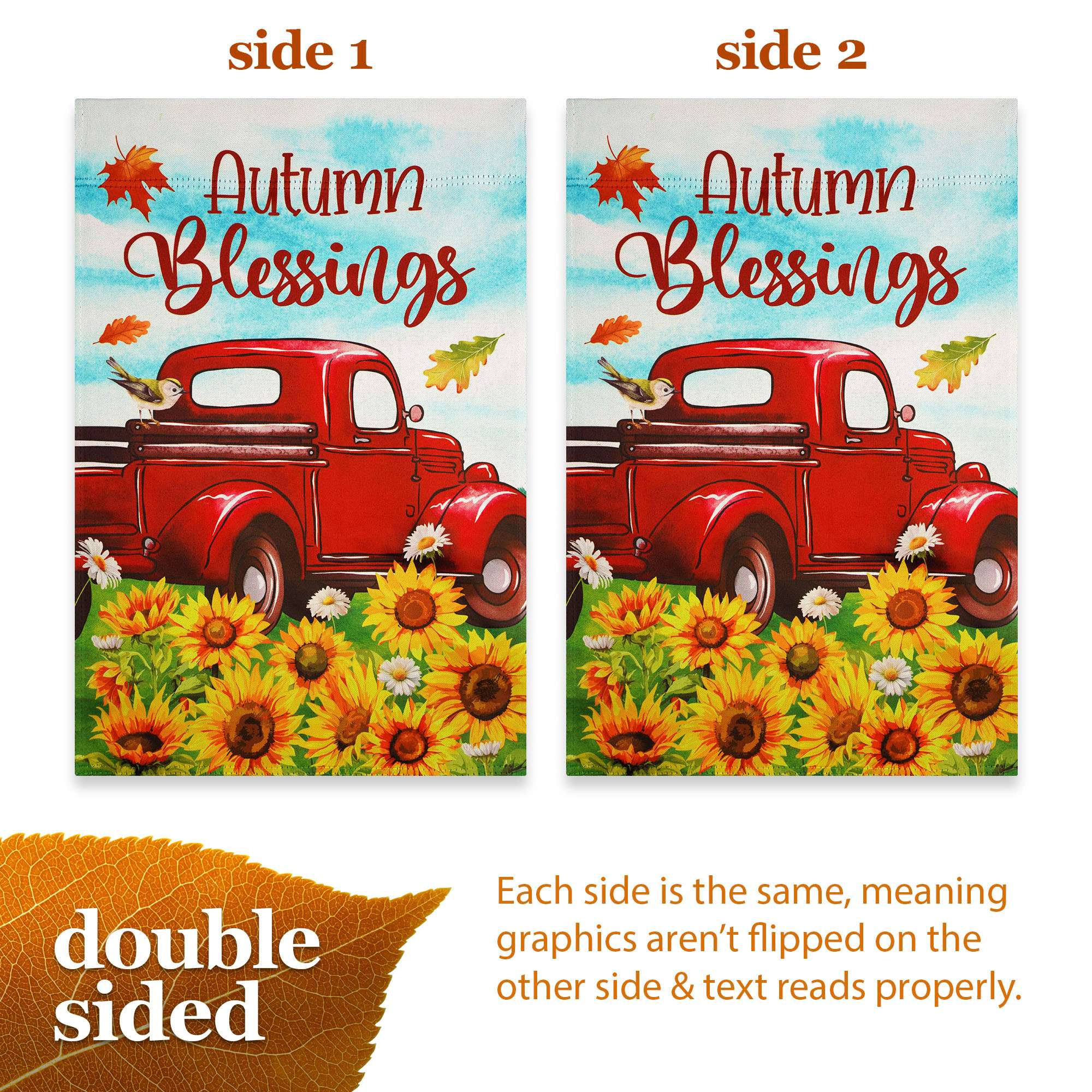 G128 Autumn Blessings Red Truck Sunflower Garden Flag 12x18, Double-Sided Fall Yard Decoration