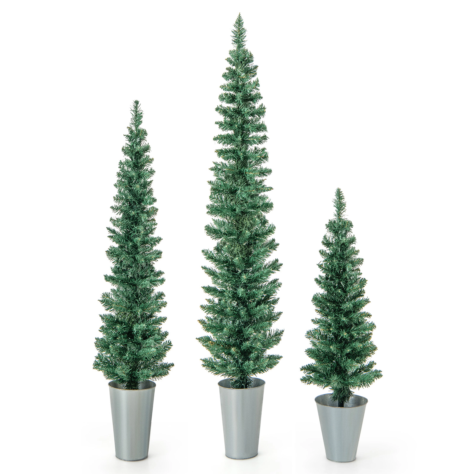 LJG Set of 3 Potted Artificial Christmas Tree with Silver Metal Buckets