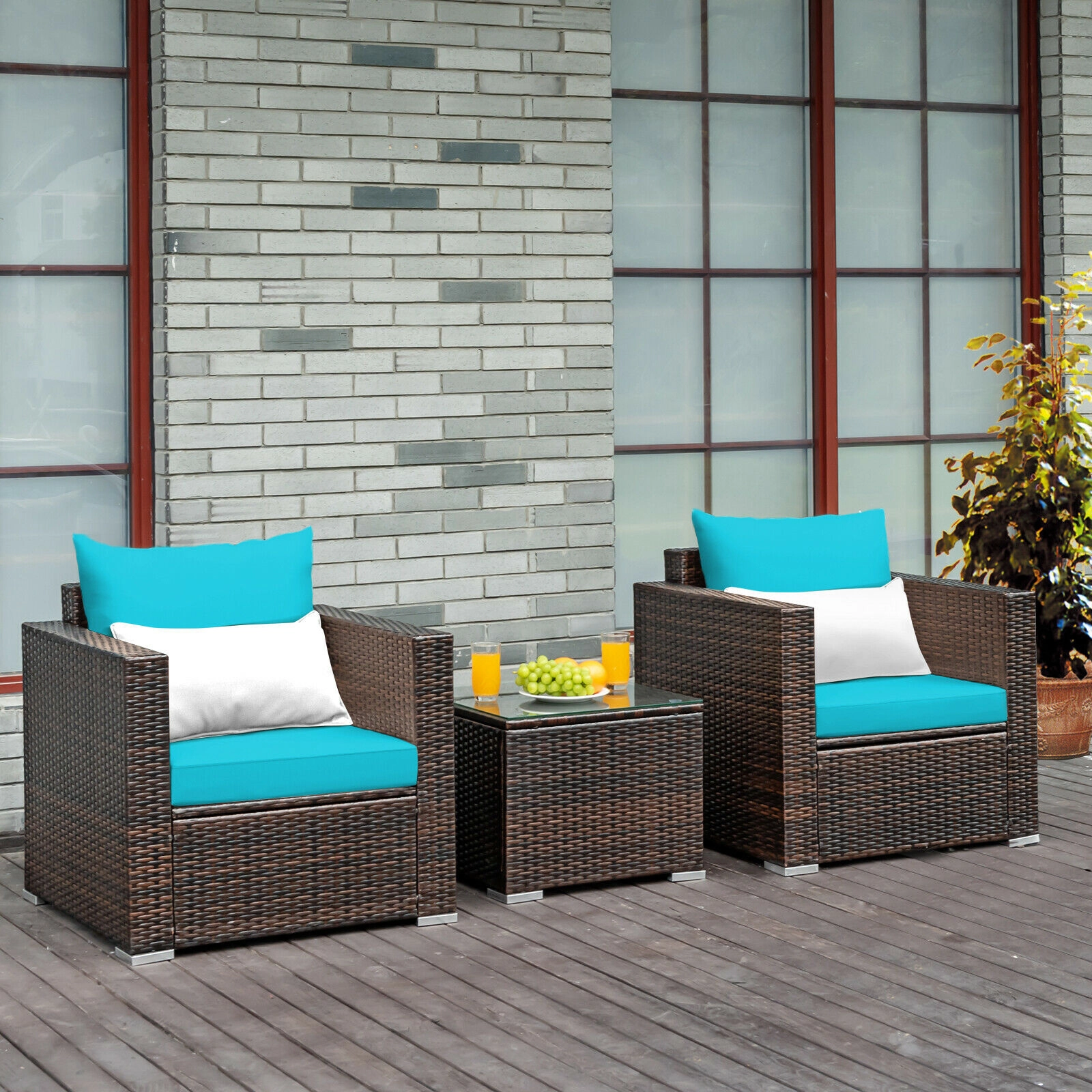 SUGIFT 20 in Glass Top Coffee Table 3-Piece Turquoise Patio Rattan Conversation Set