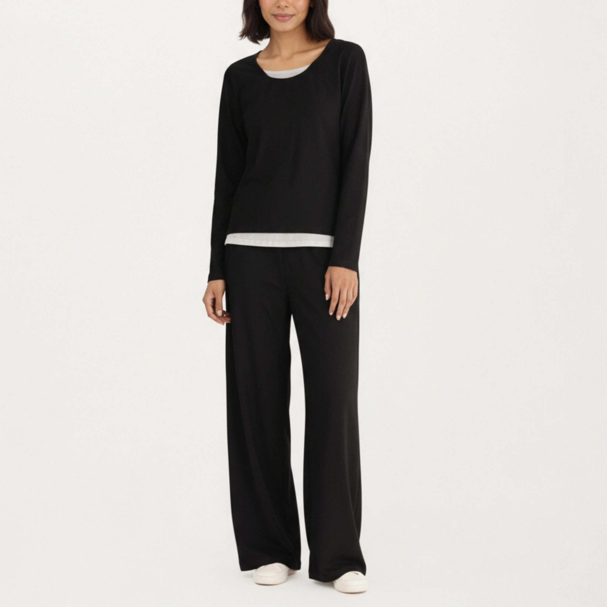 Anna-Kaci Women's 2-Piece Long Sleeve Scoop Neck Top with Contrast Layered Hem and Wide Leg Pants