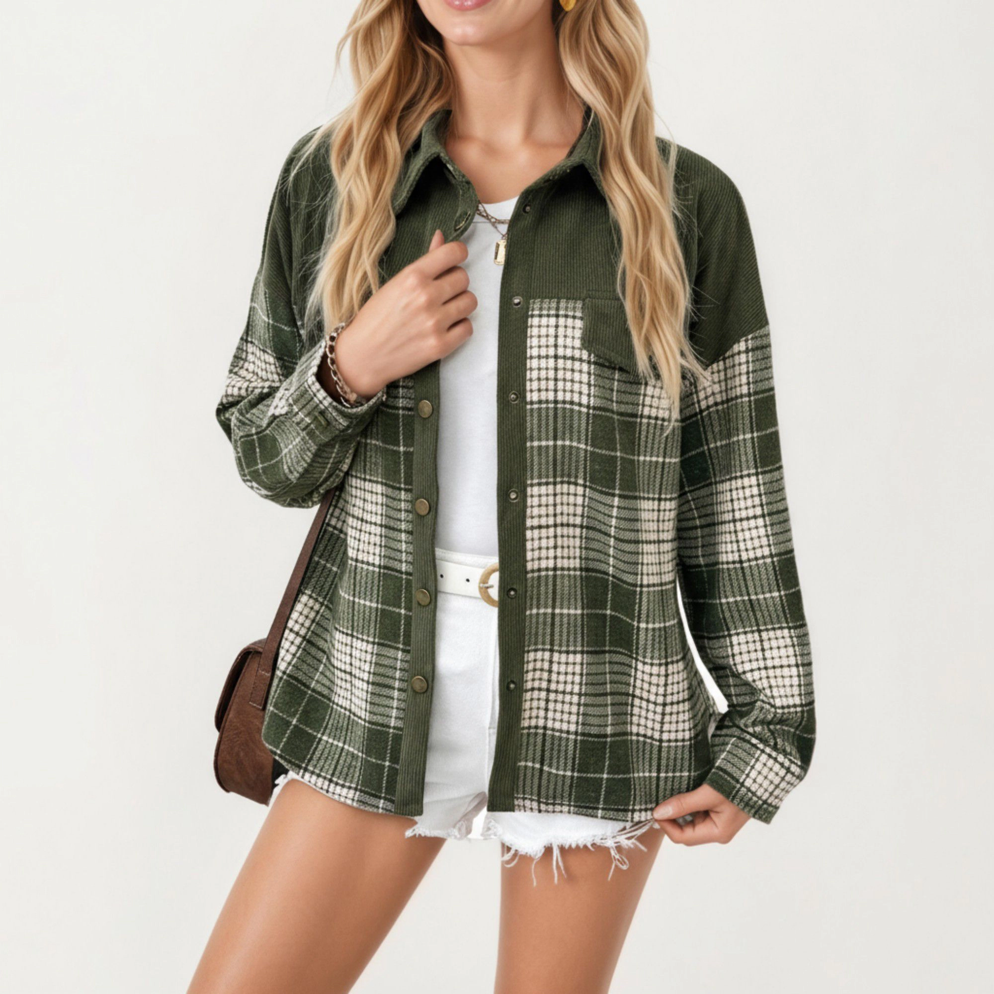 Anna-Kaci Women's Plaid Button Down Shirt Jacket with Chest Pocket Soft Textured Woven Fabric Relaxed Long Sleeve