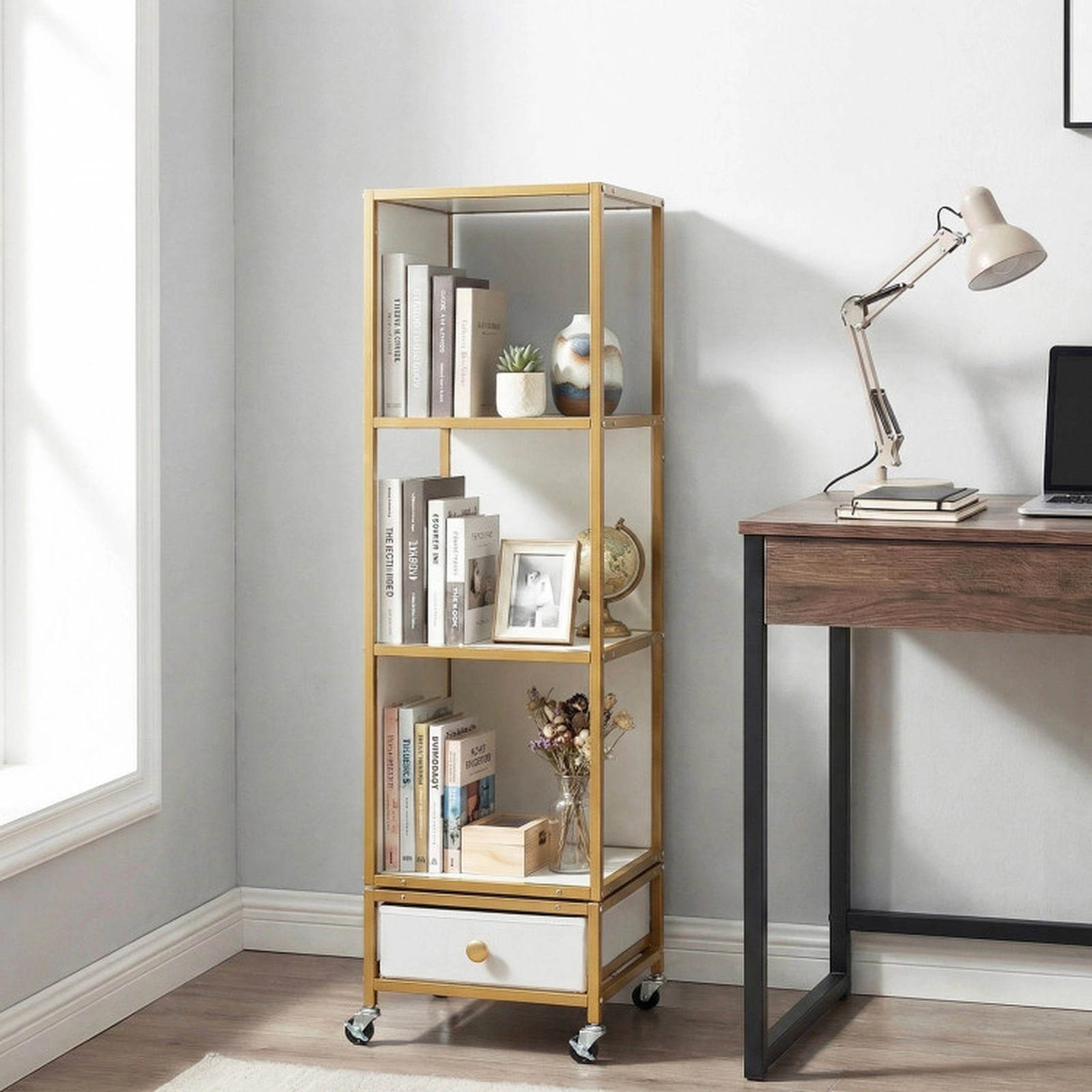 SUGIFT 4-Tier Rotating Bookshelf on Wheels with 44-lb Shelf Capacity Removable Drawer White Gray Black Golden