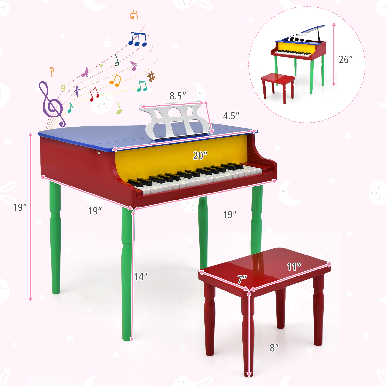 SUGIFT 30-Key Wood Toy Kids Grand Piano with Bench and Music Rack Ages 3-8 Years Multicolor