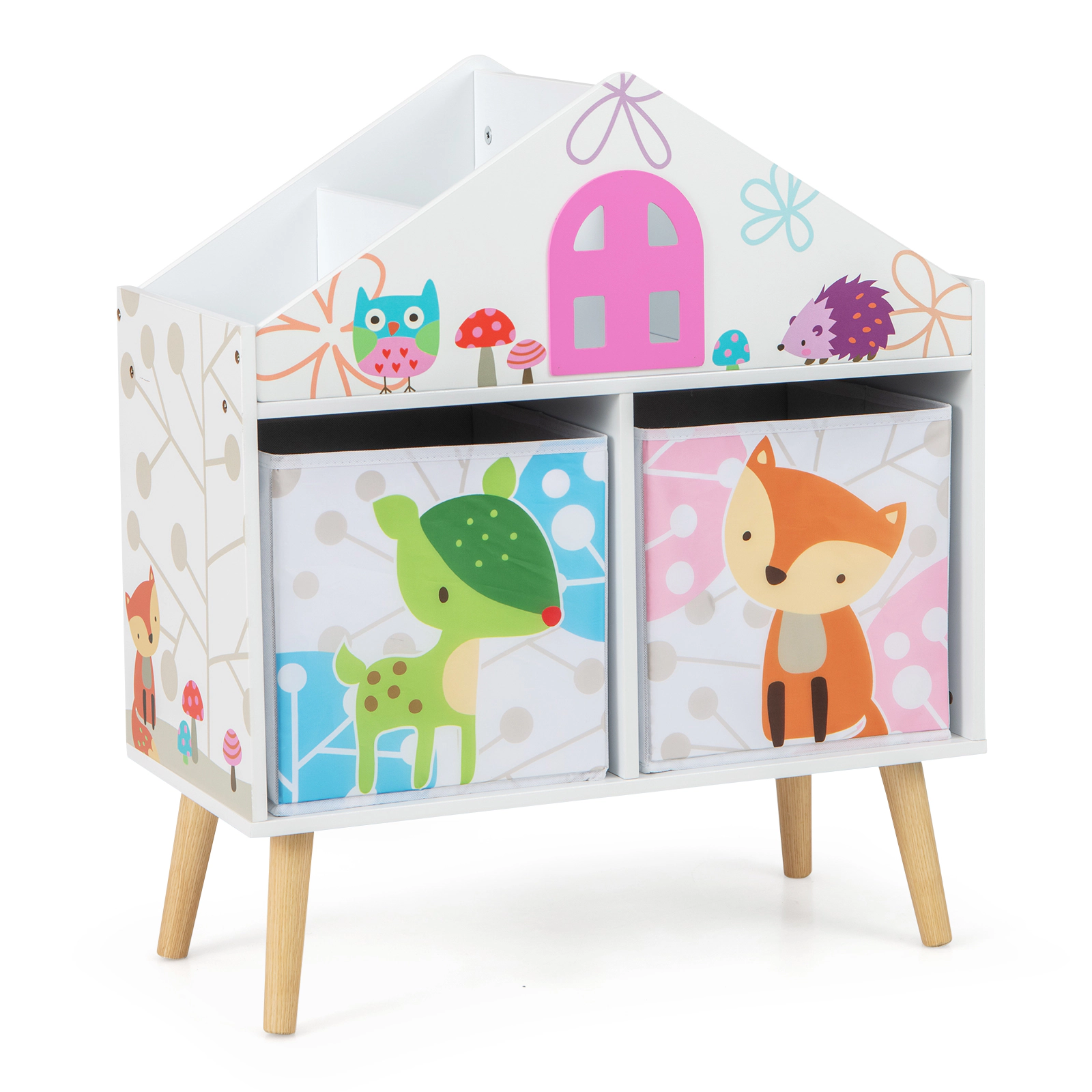 SUGIFT House-shaped Kids Toy Organizer Bookshelf with 2 Removable Storage Bins 22-lb Cube Capacity Colorful